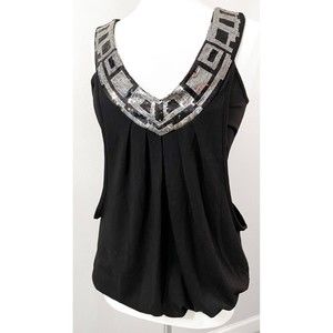 Studio Y Women's Silver Sequined Black Top with Large Front Pocket, Size S